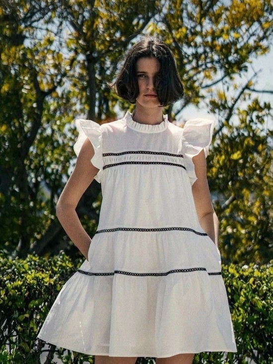 En Saison Dresses & Skirts - En Saison White Flutter Sleeve Tiered Mini Dress Black Trim Cottagecore Boho
